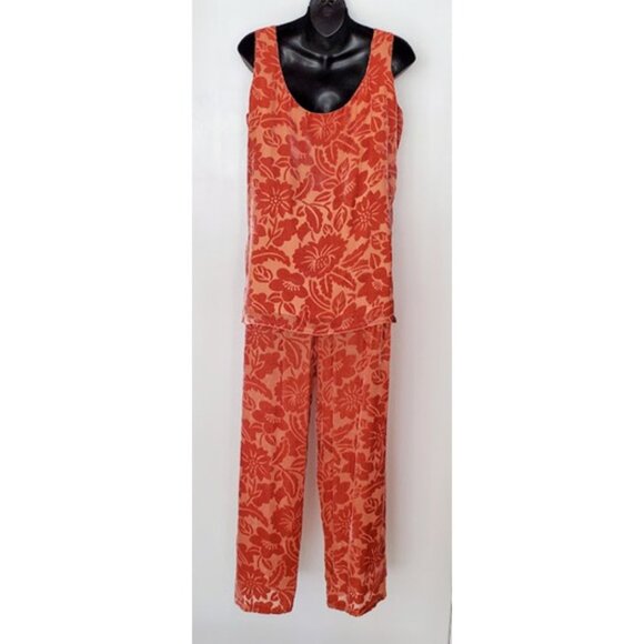 Magid Bernard Peach Silk 2-Pc Velvet Burnout Floral Vintage Chic Loungewear Sz S - Picture 2 of 16